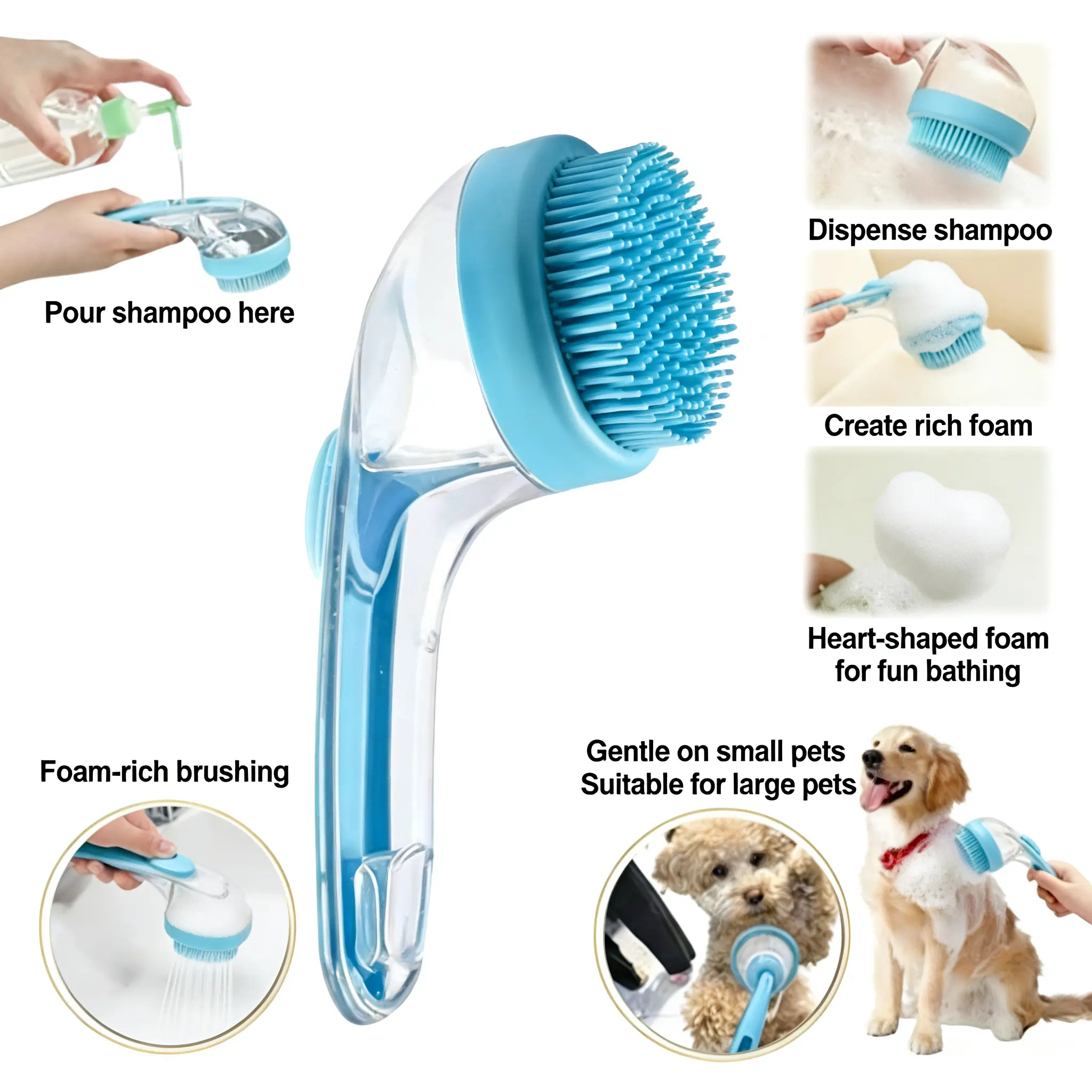 Dog Shampoo Grooming Bath Accessory with Built-In Massage Function, Liquid Storage Design, Clean Grooming Goods & Hair Care Products for Long/Short Fur Dogs