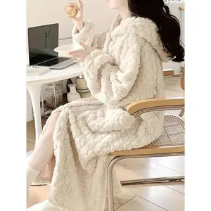 Women’s solid-color hooded wool robe with front buttons, autumn–winter casual long-sleeve warm robe for indoor wear, women’s pajamas