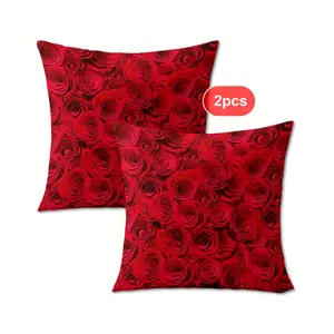2pcs-Valentine's Day Throw Pillow Covers, Modern Bohemian Red Rose Pattern, Valentine's Day Decorative, Cushion Cover Decoration for Couch Sofa, Room Decor and Bedroom Decor, Single Sided Printing, No Pillow Core