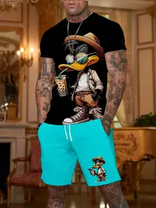 Men's Vintage Style Casual Summer Matching Set Outfit, Menswear, Elastic Polyester Knit Fabric, Round Neck T-Shirt and Shorts, Unique Duck Print Design