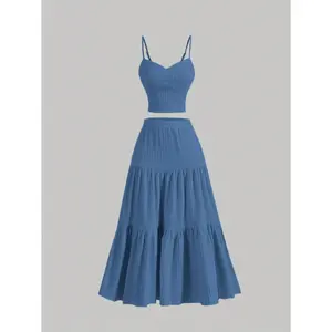 Women's Solid Crop Cami Top & A-Line Skirt Two-piece Set, Casual Fashion Cozy Outfits for Daily Outdoor Wear, Ladies Clothes for Summer