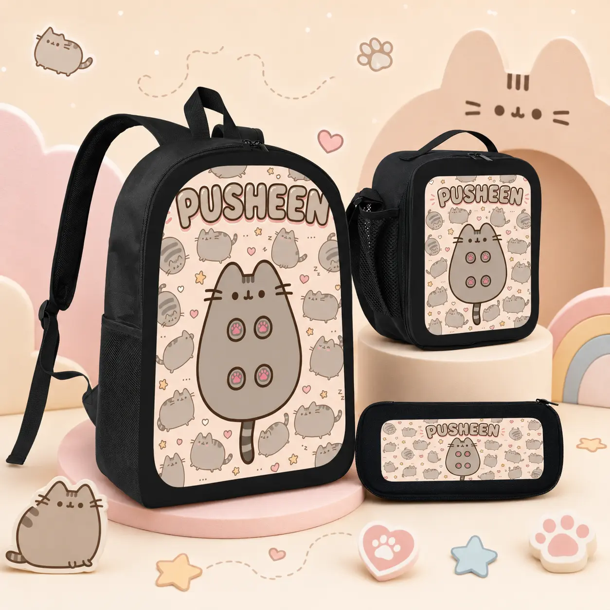 Pusheen Cat Backpack 3pcs Set, Cute Kawaii Double Shoulder School Bookbag with Insulated Lunch Bag & Pencil Pouch, Daily Travel Daypack