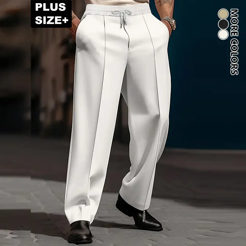 Men’s solid-color plus-size dress pants—classic business-casual long trousers with an elastic drawstring waist; versatile straight-leg office pants for all seasons, suitable for daily commuting and outdoor leisure activities.