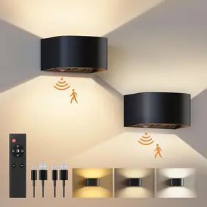 Motion Sensor Wall Light with Remote Control Wireless LED Indoor Up & Down Sconce 5000mAh Rechargeable Battery 3 Color Temps Dimmable Black 2 Pack