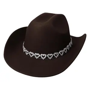 OIDEA Cowgirl Hats for Women Wide Brim Western Cowboy Hat with Heart Chain Vintage Felt Fedora Hat summerwins