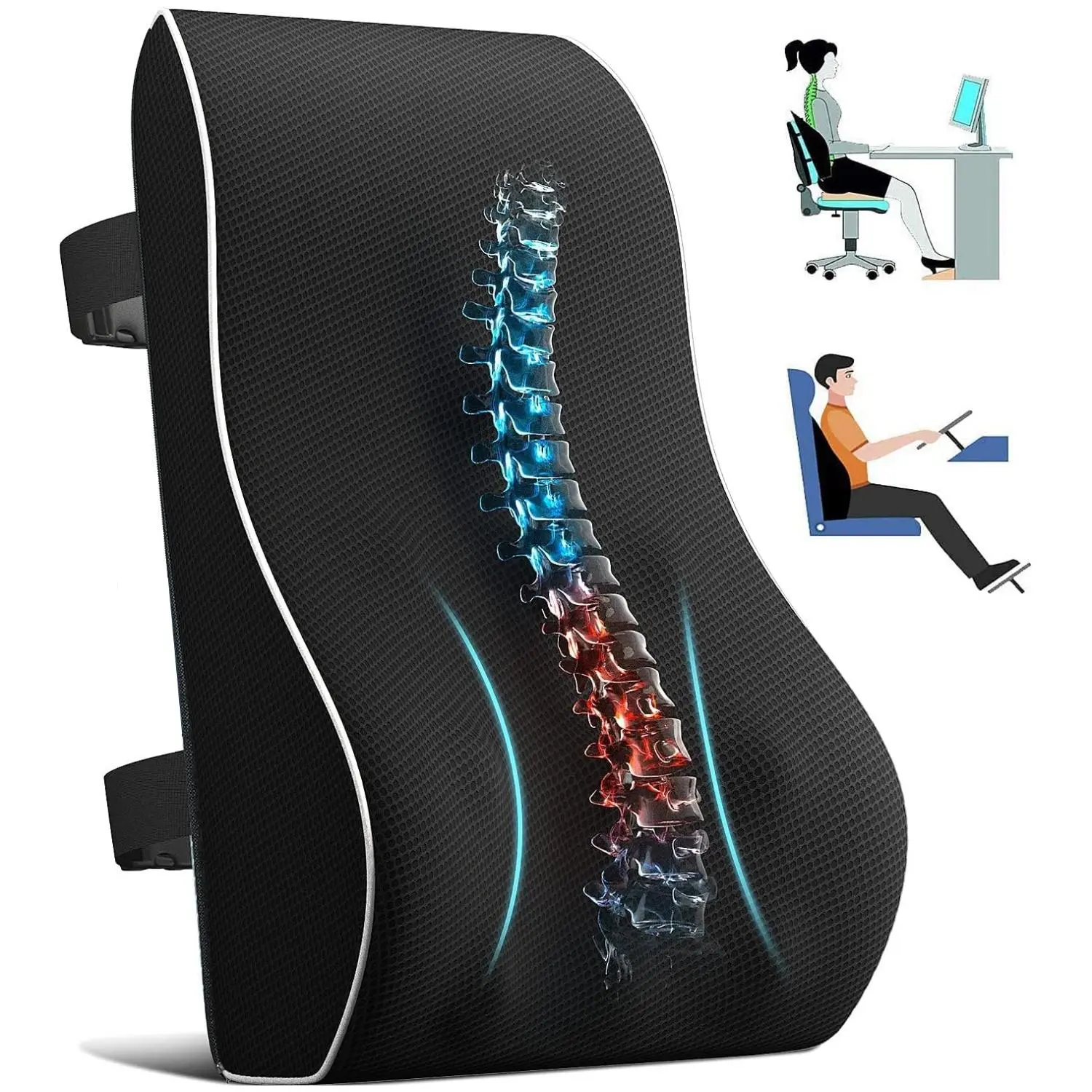 Back Pillow, 1 Count Ergonomic Lumbar Cushion With 3D Mesh Cover, Durable Memory Foam Lumbar Cushion For Car Office Chair