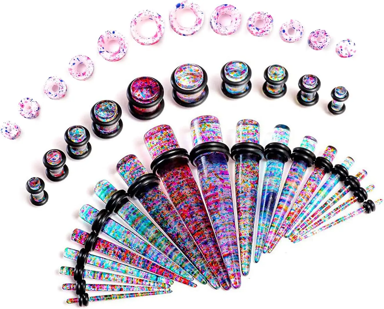 48pcs Ear Stretching Kit - Acrylic Tapers, Double O-Ring Plugs, Soft Silicone Tunnels, Ear Expander Gauges for 14g-00g Body Piercing Jewelry