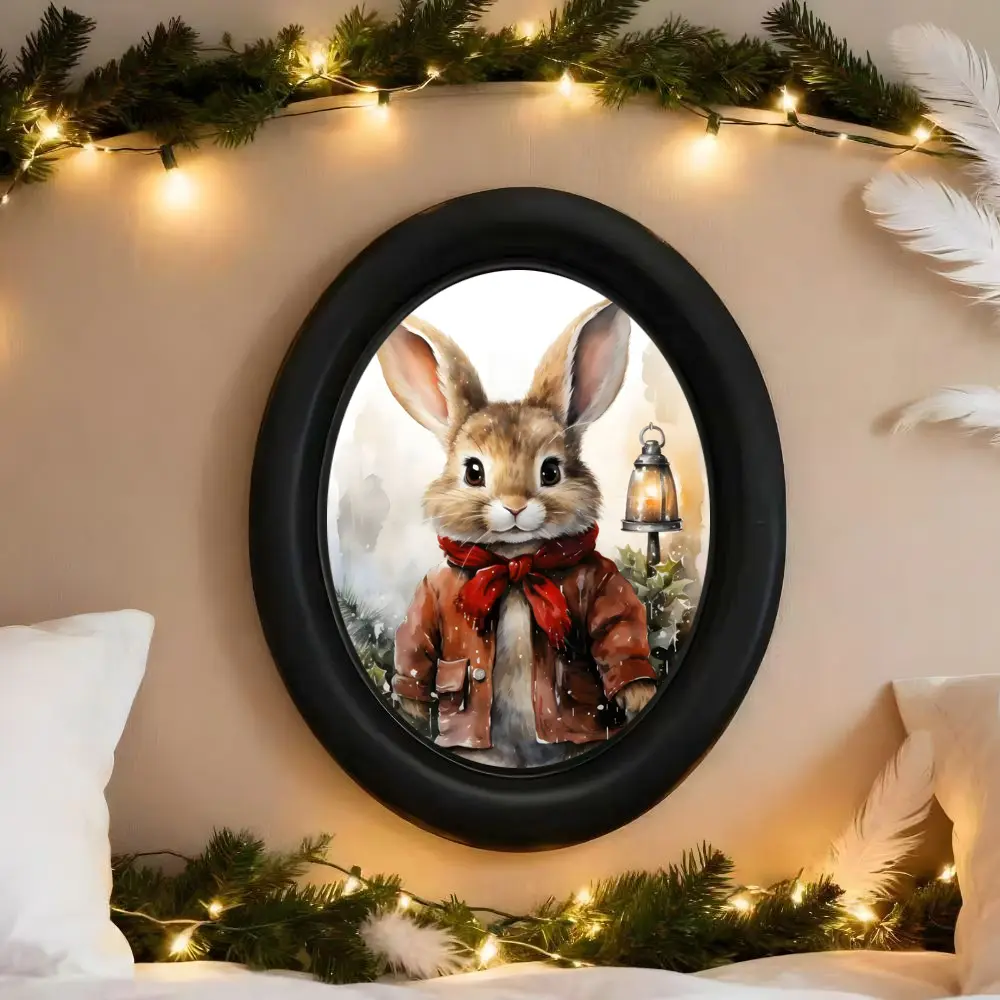 Vintage Christmas Rabbit Decor, Gothic Festival Wall Decoration, Handmade Photo Transfer 3D Oval Wall Art, Halloween/christmas/thanksgiving Party Setup