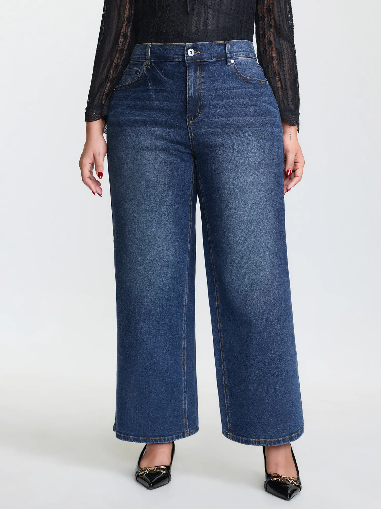 【Y2K】【Tummy Control】BLOOMCHIC Plus Size Mid-Rise Washed Effect Wide-Leg Jeans [M-6X] , Spandex, Cotton Summerfinds