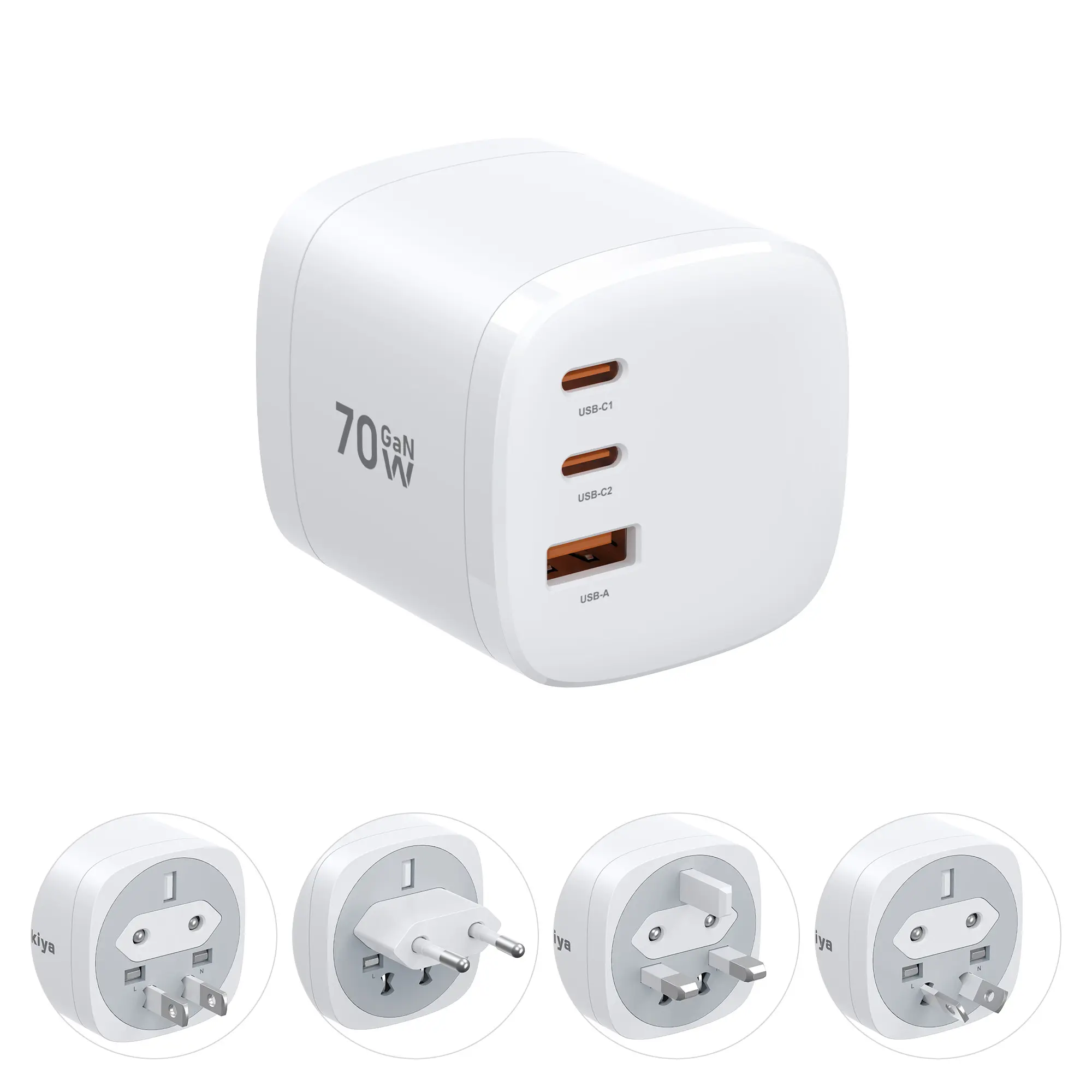 Mukiya Universal Travel Adapter, 70W 2USB-C/1USB-A Fast Charger GaN PD3.0, International Power Adapter with Type A, C, G & I Plugs, Compact Wall Charger for US EU UK AUS