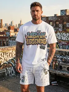 American Hip-Hop Style Men's Set: Street-Style Spray-Paint Graffiti Print T-Shirt + Shorts—Edgy, Cool, and Street-Ready Casual Activewear