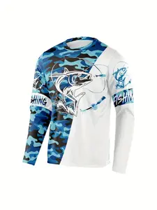 Men's Fishing Long Sleeve Shirt, Blue Camo Colorblock, Tuna/fish Graphic, Breathable Polyester, Ideal for Outdoor Casual Wear, Outdoor Themed Apparel