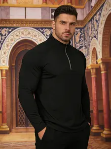 Men's Long Sleeve Quarter Zip Running Shirt, Moisture Wicking Breathable Sports Hoodie, Casual High Performance Gym Wear, High Performance Activewear, Gym Performance Top