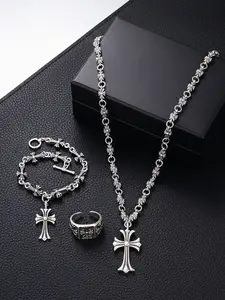 Three-Piece Vintage Silver Stylish Cross Necklace + Bracelet + Ring, With OT Clasp, Suitable For Parties, Date Nights And Daily Wear, An Ideal Gift For Loved Ones