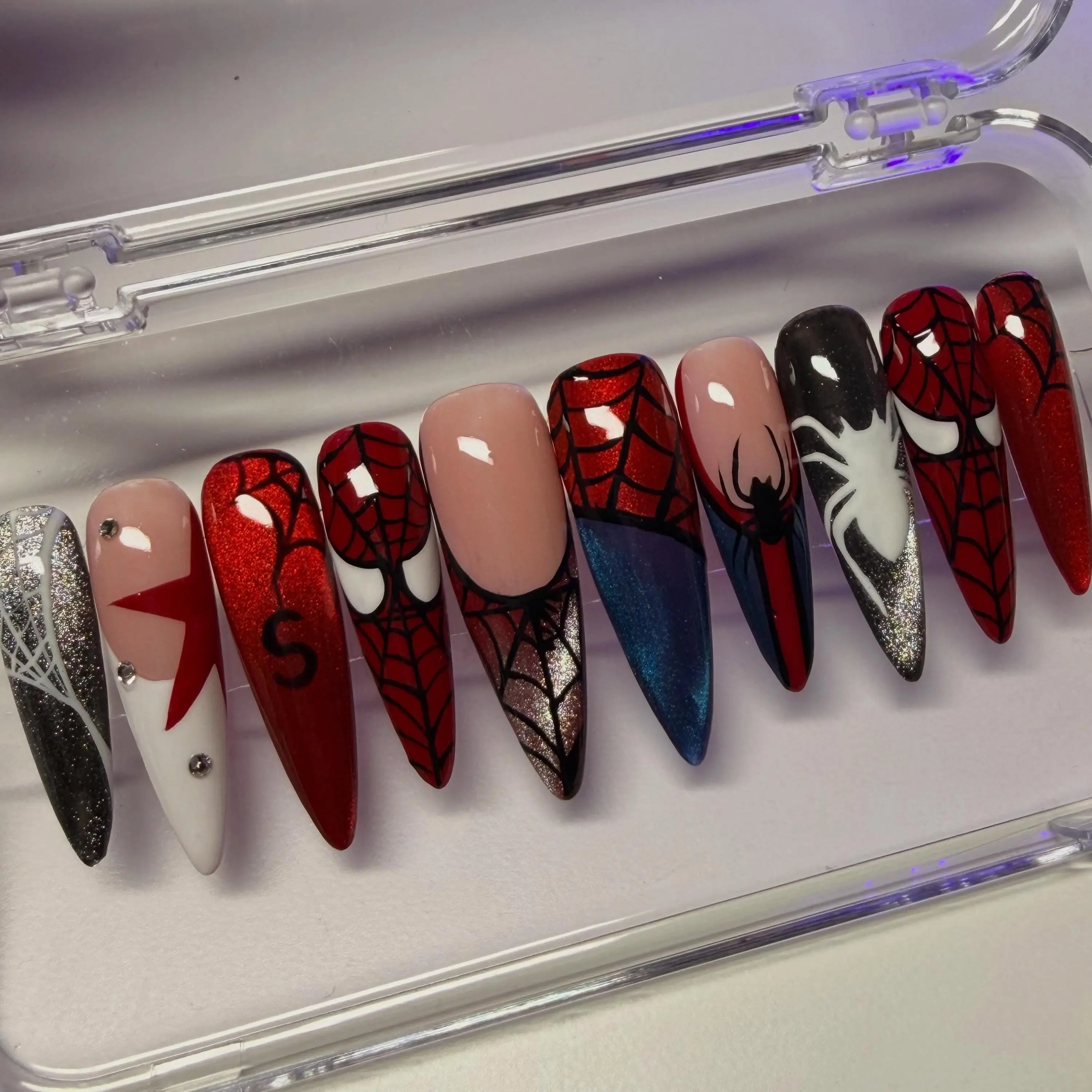 Spiderman Inspired Press Ons, Red Glitter Spiderweb Fake Nails, Black Spider Comic Book Custom Stiletto False Nails, Y2K Grunge Nails