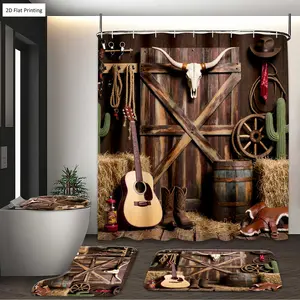 1/3/4PCS Western style Decor with Guitar Boots and Cow Skull Shower Curtain Set with Rugs, Non Slip Bath Mat, U-Shape Carpet, Toilet Lid Cover, Bathtub Curtain Accessories, 12 Hooks, Home Bathroom Festival Dec