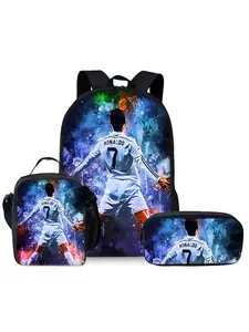Football Player Pattern Printed 17-inch Backpack Three-piece Set (Single-layer Backpack + Shoulder Strap Lunch Bag + Single-layer Pencil Bag) Casual Printed Backpack Set