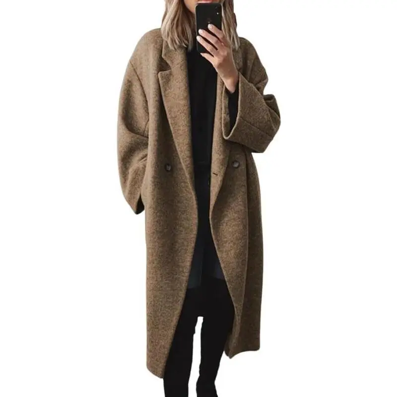 Women's New Winter Double-Breasted Wool Long Trench Coat Jackets - Notched Lapel, Long Sleeve Outdoor Sport Tops, Versatile Outdoor Outerwear Layer
