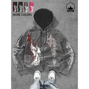 Same design for men and women, dark themed angel/gothic lace pattern print, retro American washed cotton zipper hooded sweatshirt, suitable for spring and autumn seasons, cotton warmth, very suitable for street gothic fashion, fashionableRAIMENTRY