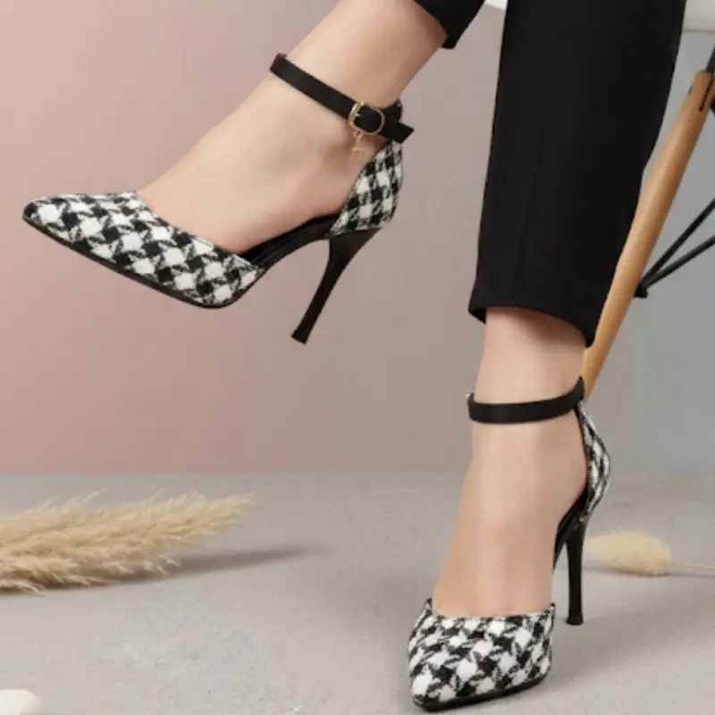 Chic Houndstooth Pointed-Toe Pumps with Crystal-Dangle Ankle Strap - Elegant High Heels for Women