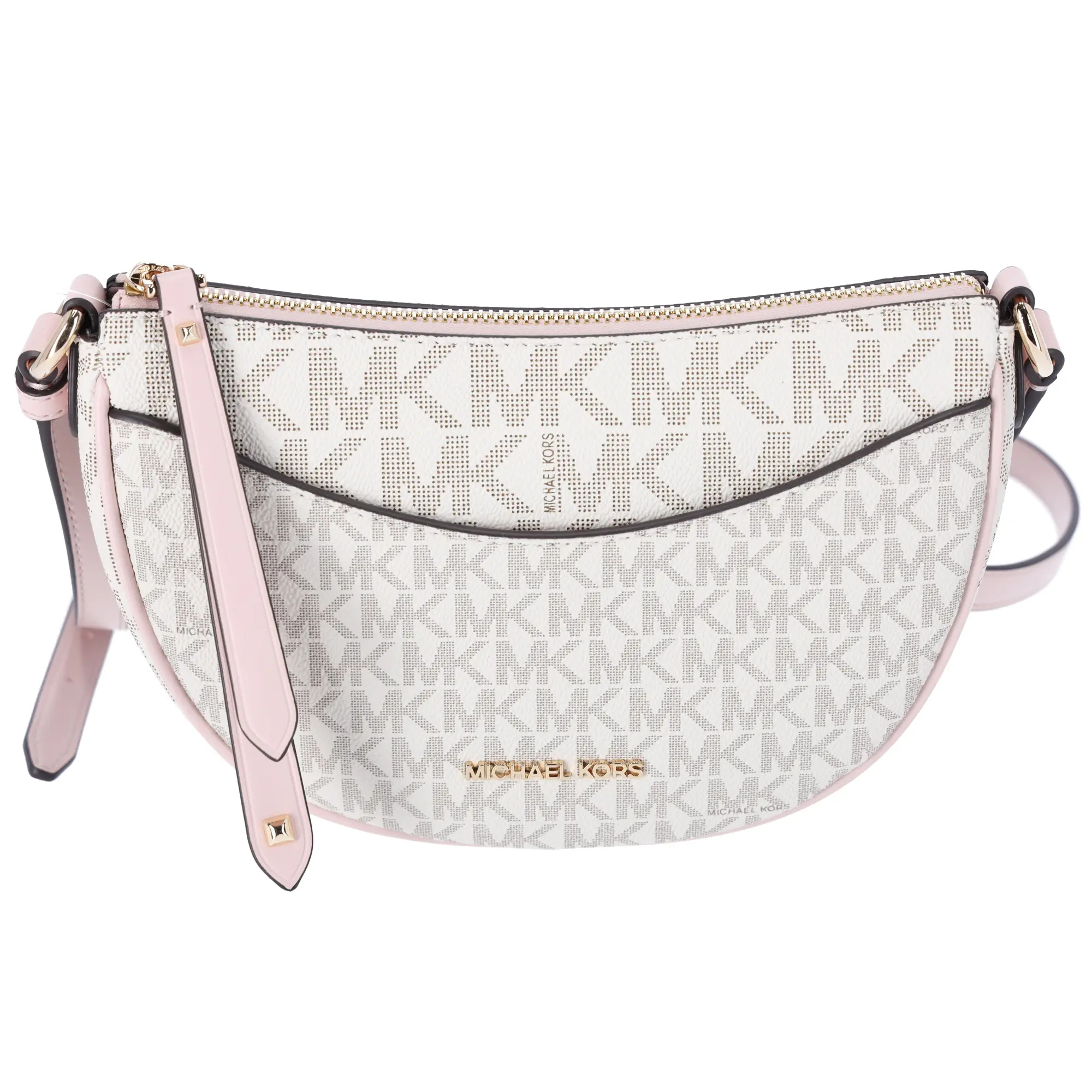 Pre-owned MICHAEL KORS PVC Crossbody Bags Dover Small Half Moon Crossbody Vanilla Pink Powder Blush Multi