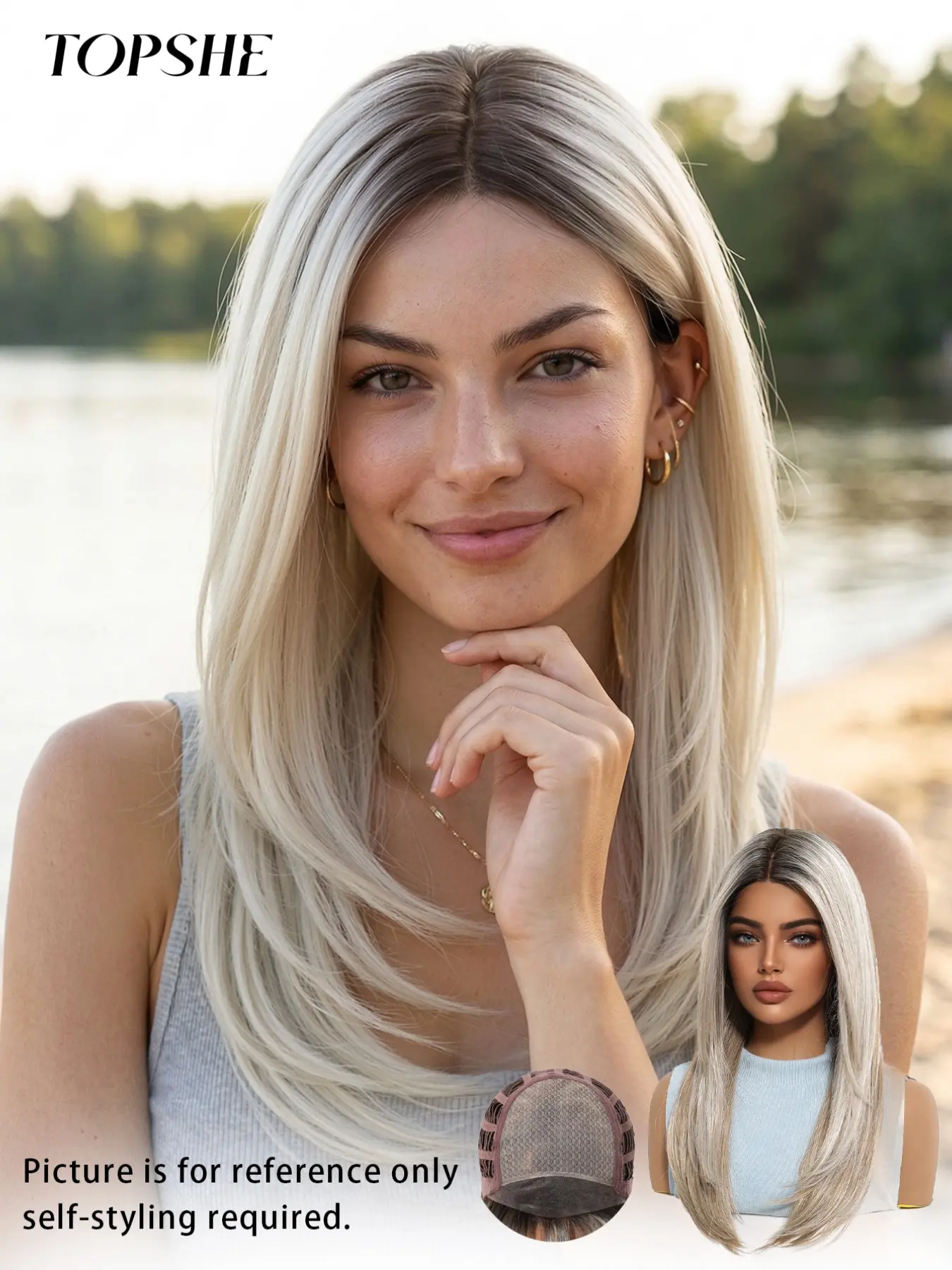 Topshe Mono Women's Synthetic Wig, Synthetic Material Wigs, 20 Inch Straight Platinum Mixed Color, Free Design, No Glue, Easy to Style, Medium Length, Glueless Wig, Glueless Hair Wigs
