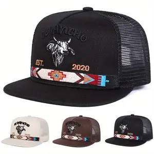 Unisex Letter Bull Head Embroidered Hip Hop Hat Mesh Hat Outdoor Sport Adjustable Sunscreen Leisure Hat Spring Autumn Travel Tourism Beach Vacation