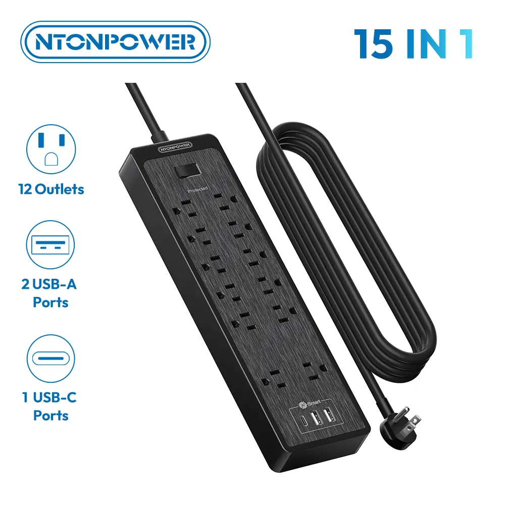 NTONPOWER 15 ft Extension Cord, Flat Plug Surge Protector Power Strip with USB, 12 Outlets Surge Protector Wall Mount, 2100 Joules, 1875W, 15A Circuit Breaker for Home Office Dorm Essentials, Black backtoschool