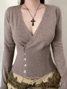 Fashion Simple Cross V-Neck Buttoned Asymmetric Waist Knit Sweater Cardigan for Women, Minimalist Long Sleeve Fitted H-Type Design Asymmetrical Womenswear Knitwear