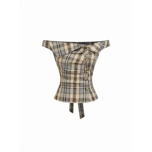 Cider Plaid Asymmetrical Neck Ruched Short Sleeve Blouse