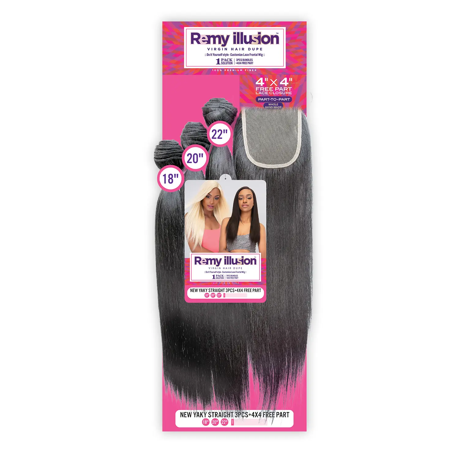 Janet Collection Yaki Hair Bundles, 3 Pcs Straight Synthetic Hairpieces with 4x4 Free Part Lace Closure, Remy Illusion, Shed-Free & Heat Resistant, Synthetic Hair Hairpieces, Hair Extension