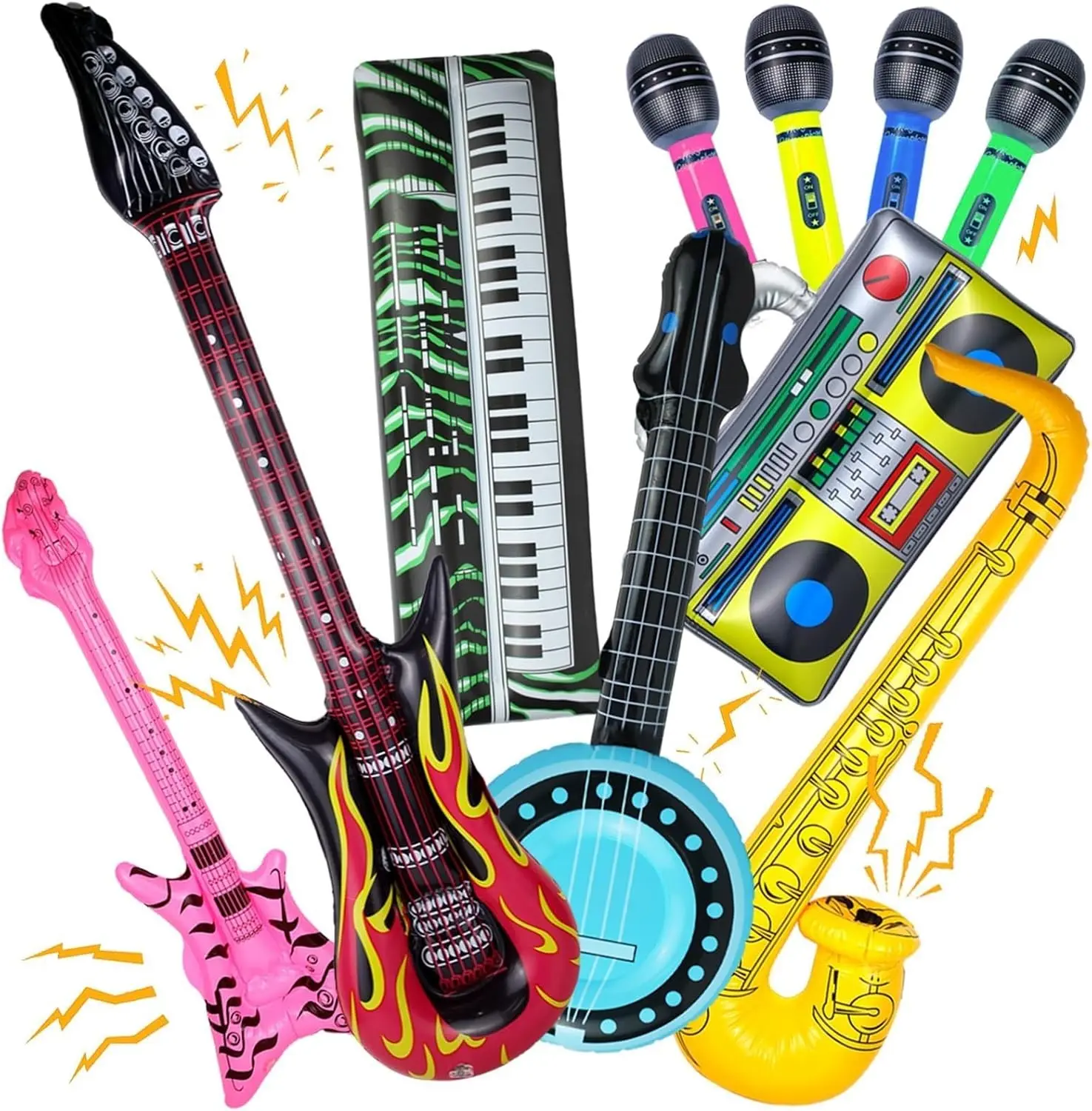 10 Pieces Inflatable Instruments Party Props Set Inflatable Guitar Saxophone Bass Lute Microphone Recorder Piano for Rock Theme Vintage Party Photo Booth Decor Toys