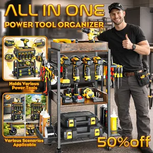 Heavy Duty Rolling Tool Storage Cart with Power Tool Holders, 3 Tier Garage Organizer with Wheels, Metal Utility Tool Rack with Hooks and Side Shelves for Drill Batteries, Workshop Garage Home Use