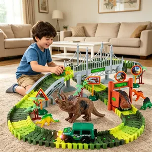 Kids Can’t Stop Playing This! Glow in The Dark Dinosaur Race Track – 215PCS Train Track Playset, STEM Building Toy, Jurassic Adventure Gift