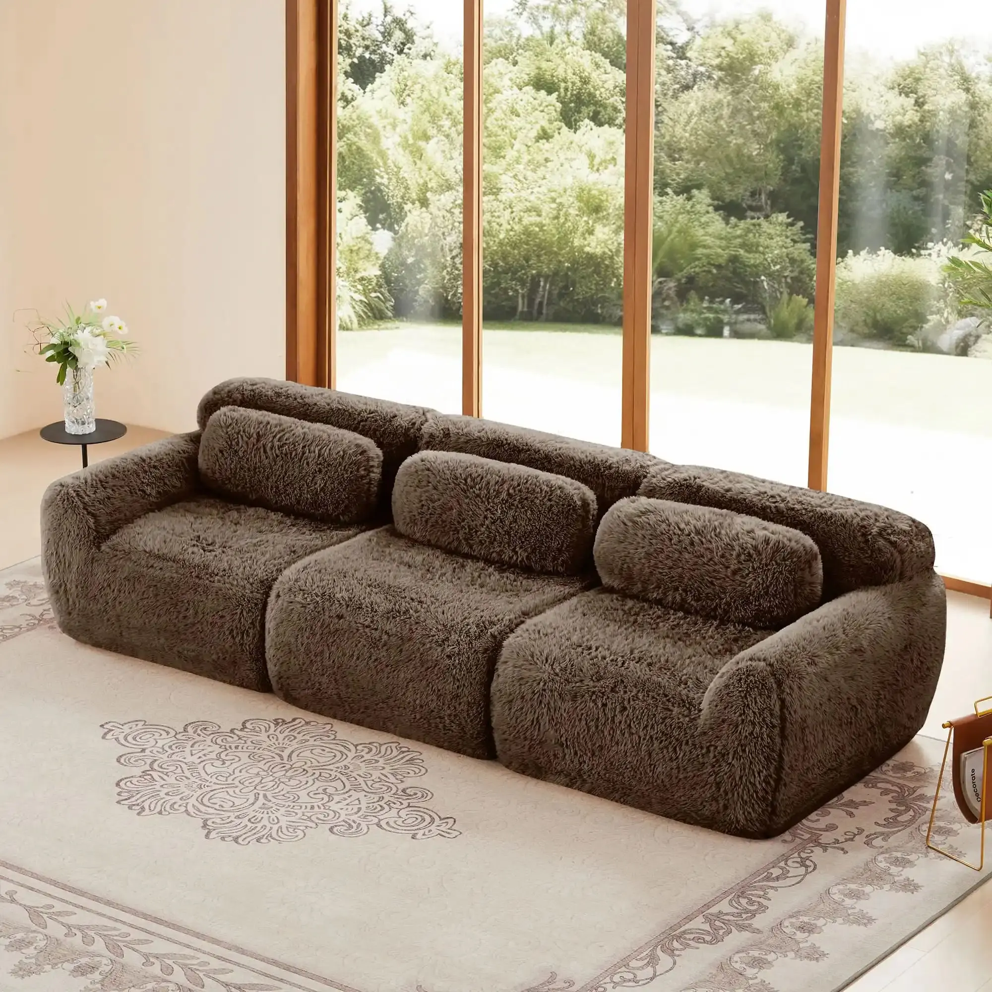 Plush Fabric Sectional Sofa Chocolate Modular With Ottoman & Pillows