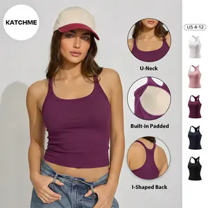 KatchMe Women's Minimalist Solid Color U-Neck 2-in-1 Camisole, Soft Quick-Drying Built-in Bra Padded Tank Top, Basic Workout Stretchy Breathable Outfit