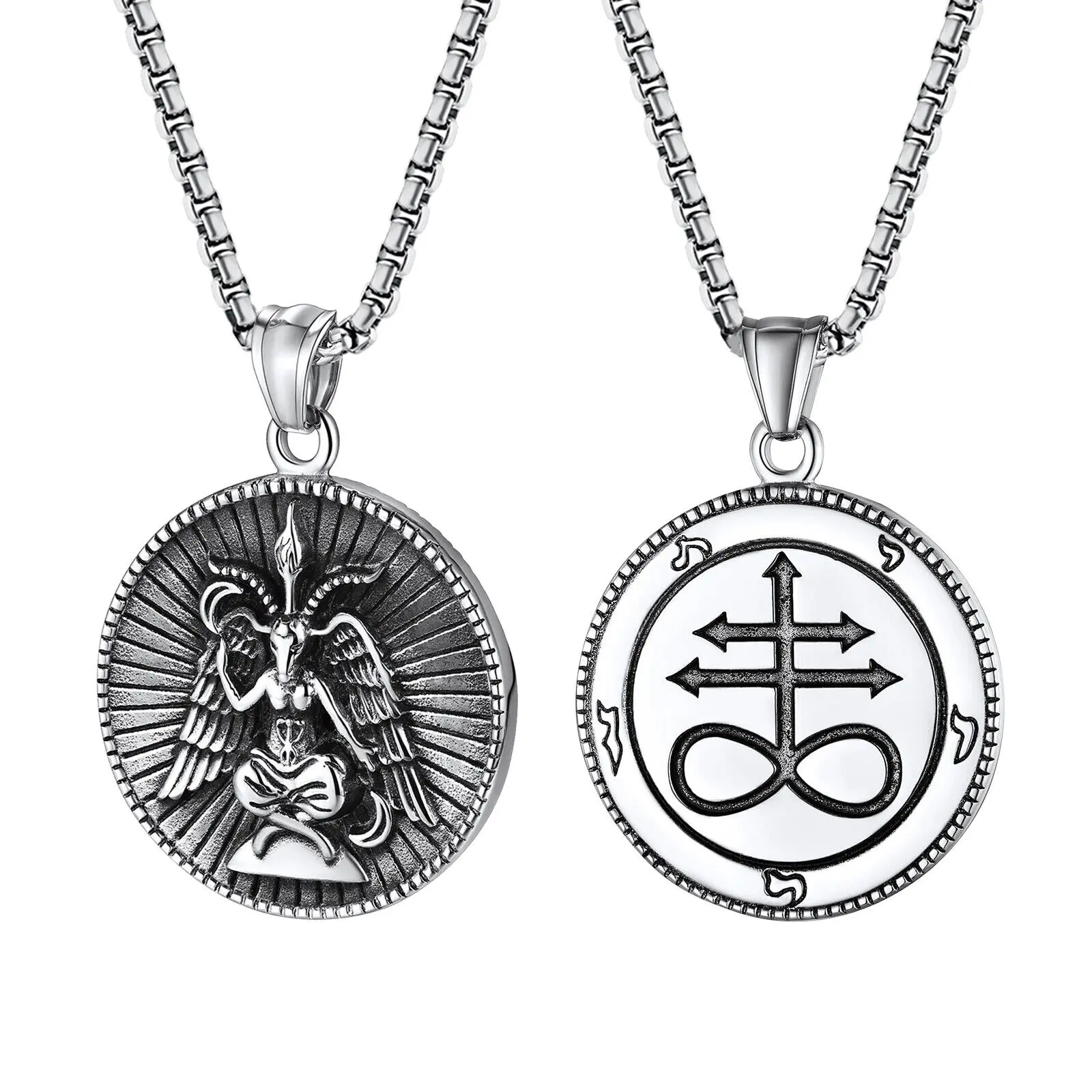 Men's Stainless Steel Baphomet Satanic Goat Lucifer Double-Sided Pendant Necklace with Copper Heart Pendant & Artificial Zircon Accents