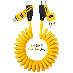 YWZ 65W 5A universal 4-in-1 high-speed charging data cable, spring telescopic cable for SamSung, S24 S23 S21, One Plus, Mi 13, Huawei, OPPO, for the for iPhone series of products charging, A great choice for in - car charging