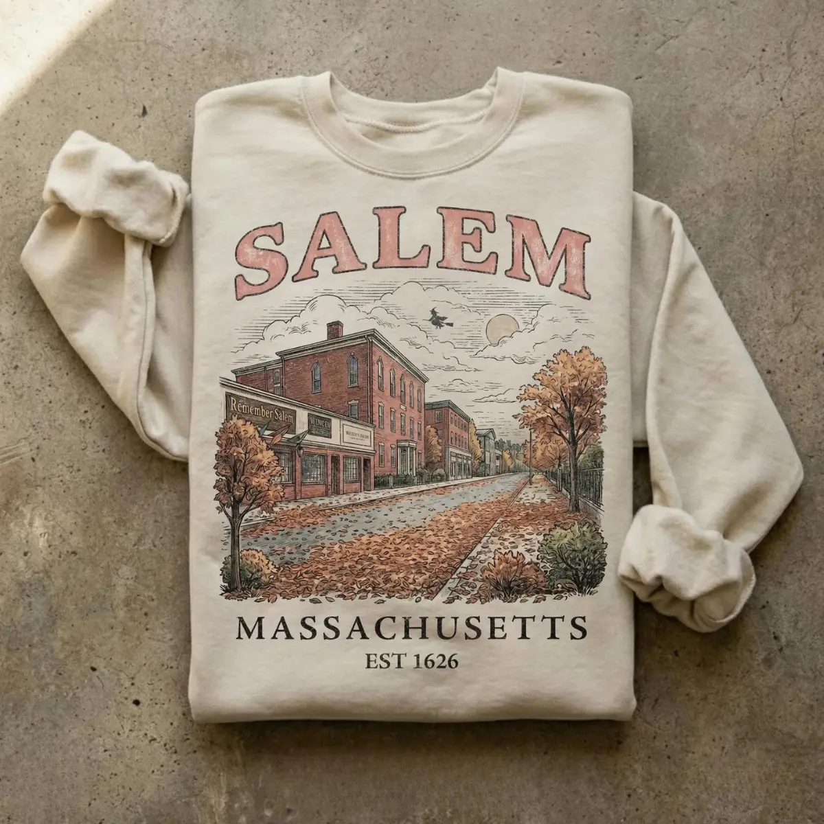 Salem Massachusetts Vintage Witch Sweatshirt, Halloween Sweater, Autumn Salem MA Crewneck, Spooky Season Fall Sweatshirt