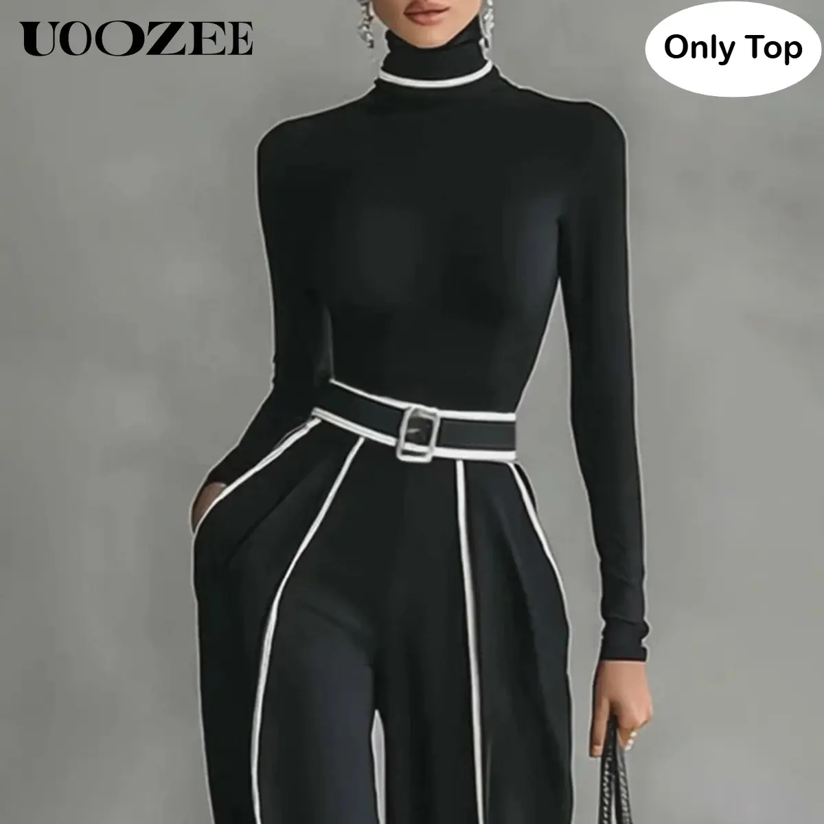 UOOZEE Women's Turtleneck Knitwear Top - Long Sleeve Slim-Fit Pullover with Contrast Trim, Stretchy Rayon Garments for Office Use, Flat/Strappy/Chunky Style Complementary Pants Pairing Option, Cocktails, Casual