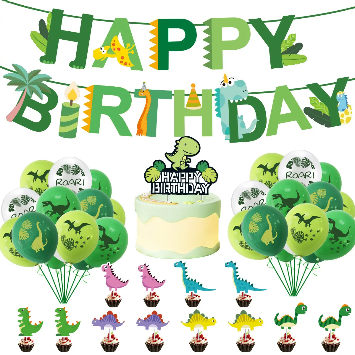 Cartoon Dinosaur Themed Birthday Party Supplies Set - Pull-On Pull Flag, Latex Print Balloon, Cake Topper for Home Celebration Decor (Festive & Party Backdrops & Banners Home Supplies), Gifts