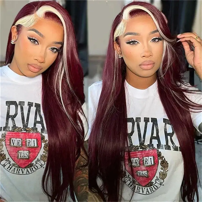 Lemoda Hair Burgundy 99J Red Wig With 613 Blonde Skunk Stripe Human Hair Wigs 200% Density 13X6 Lace Frontal Wig Straight Hair Lace Frontal Wig Colored Wigs Lemoda Hair Burgundy 99J Red Wig With 613 Blonde Skunk Stripe Human Hair Wigs 200% Density 13X6 Lace Frontal Wig Straight Hair Lace Frontal Wig Colored Wigs