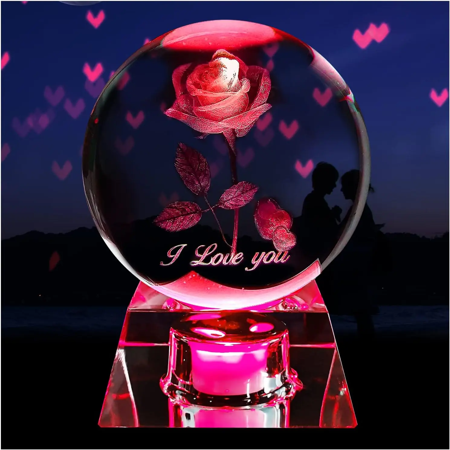 3D Rose Flower Crystal Ball with LED Colorful Night Light Base, Crystal Ball Gifts for Girlfriend Wife Mom Woman on Birthday Valentines Thanksgiving Christmas