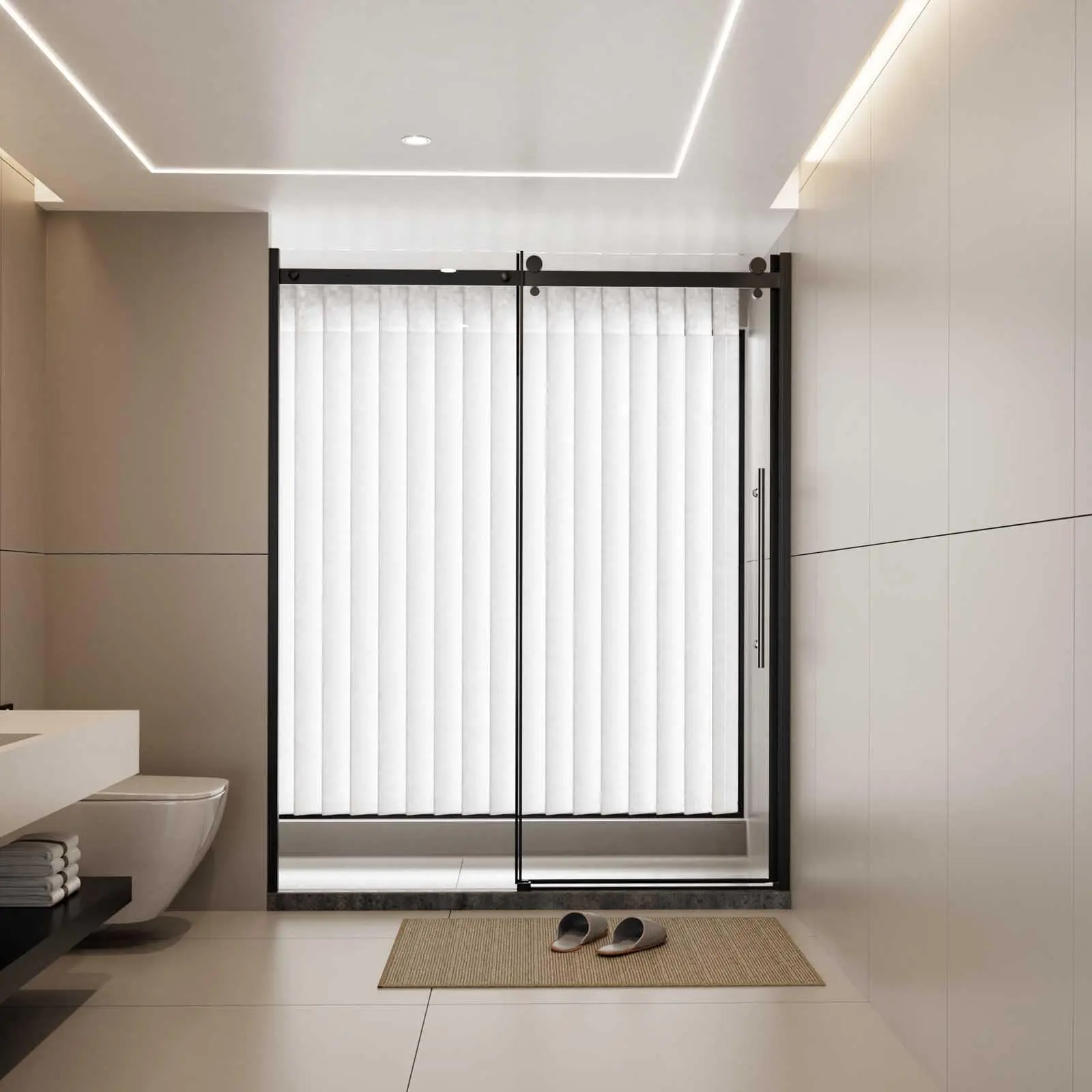 60" W x 72" H Frameless Single Sliding Bathroom Shower Door, Matte Black Aluminum Adjustable Door with 1/4" Tempered Glass, Stainless Steel Handle, Fingerprint-Resistant Finish & Easy Install Design