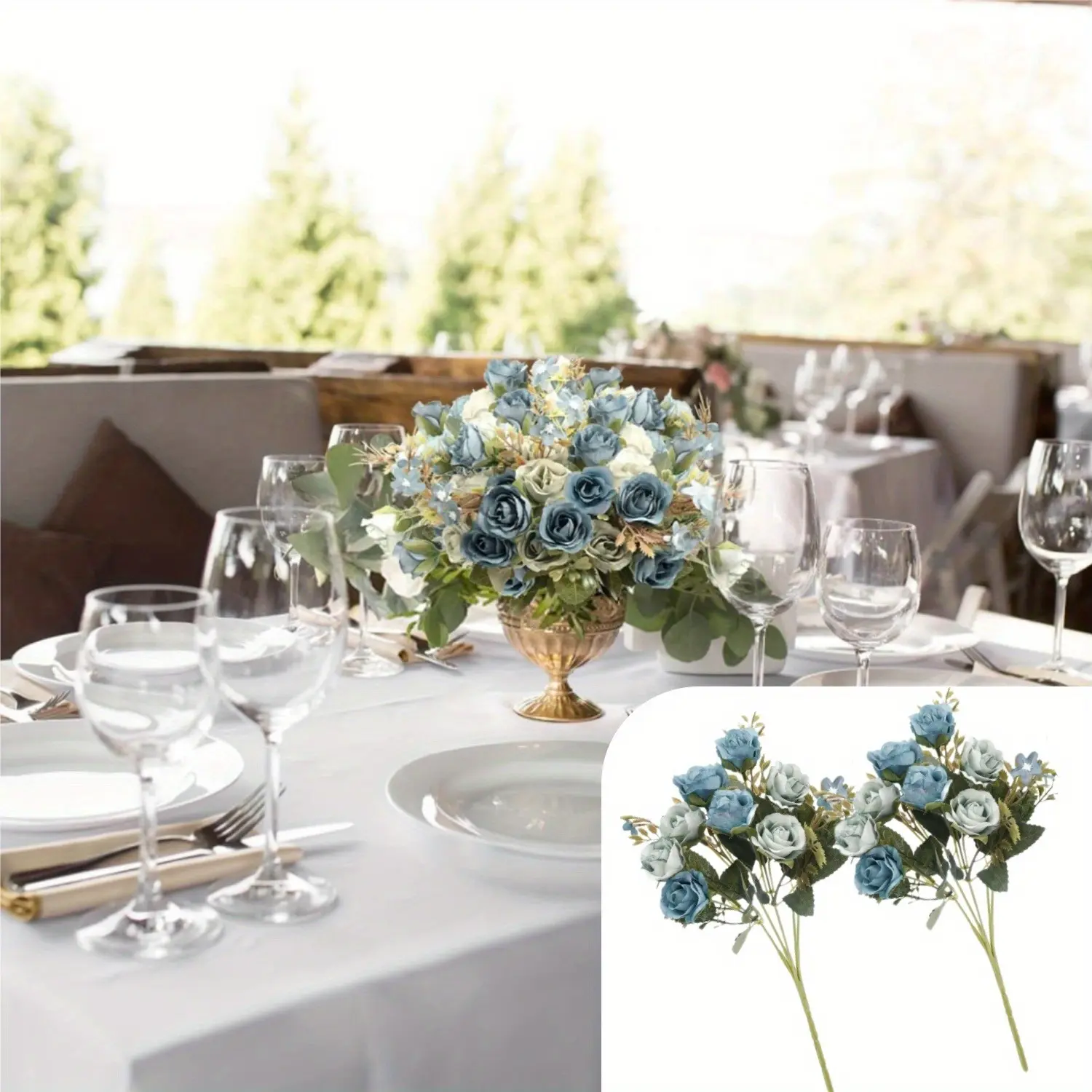 5 Stems 10 Heads Artificial Flowers Small Roses with Leaf Bouquet for Valentines Decoration Kitchen Wedding Office (2 Pack, Blue)