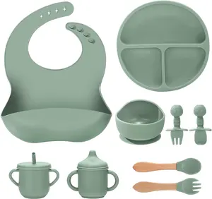 9-Piece Silicone Baby Feeding Set with Suction Plate & Bowl, Spill-Proof Bib, Training Sippy Cup with Straw, Silicone & Wooden Spoons and Forks – Baby Self-Feeding Utensils Set for Infants & Toddlers