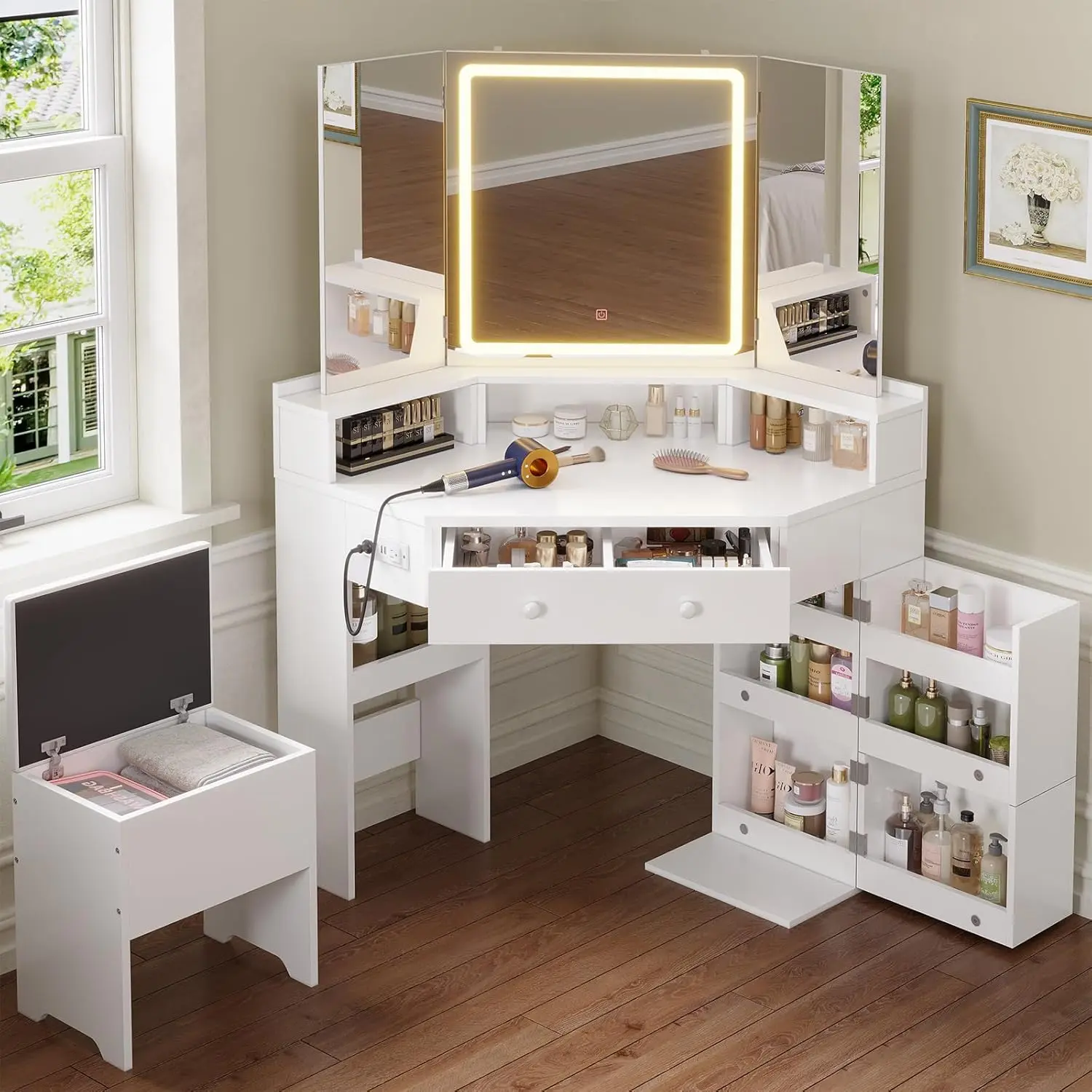 HAUOMS White Corner Vanity Desk for Women - Tri-Fold Lighted Mirror, Dimmable 3 Light Settings, Storage Stool, Drawers, Power Outlet, Bedroom Indoor Furniture