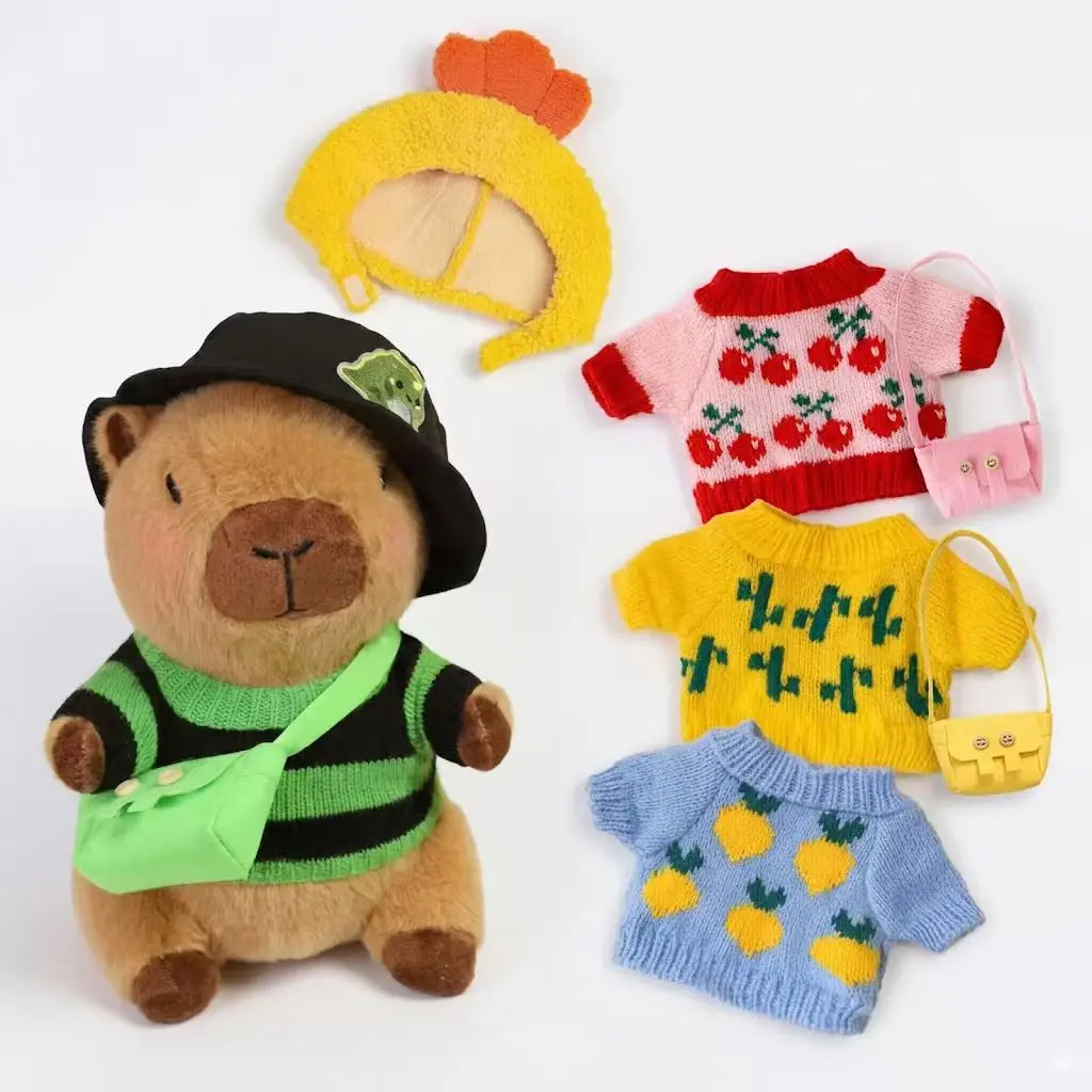 Capybara Plush doll with 9 Clothes & Accessories, 10.2 Inch Dress Up Capybara Stuffed Animal with 2 Hats, 4 Sweaters & 3 Bags, Cute Gift for Girls and Boys