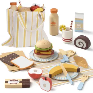 21PCS Pretend  Play Picnic Set, Wooden Play Food Sets for Kids Kitchen, Lehoo Castle Pretend Play Food Toys, Cutting Food Toys, Gift for Girls Boys, Toy Food Educational Gifts, Birthday Gifts