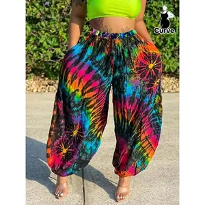 [Plus Size] Tie Dye Drawstring Waist Jogger Pants, Summer Clothes, Boho Pocket Elastic Waist Trousers, Women's Back To School Bottoms for Daily Wear, Summer Outfits 2024, Women's Clothing